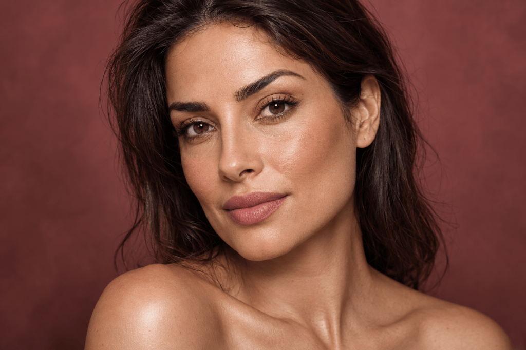 Editorial portrait with softly defined brows and rose toned lips