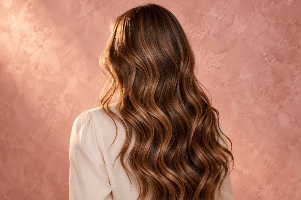 Long chestnut hair with caramel highlights and loose waves