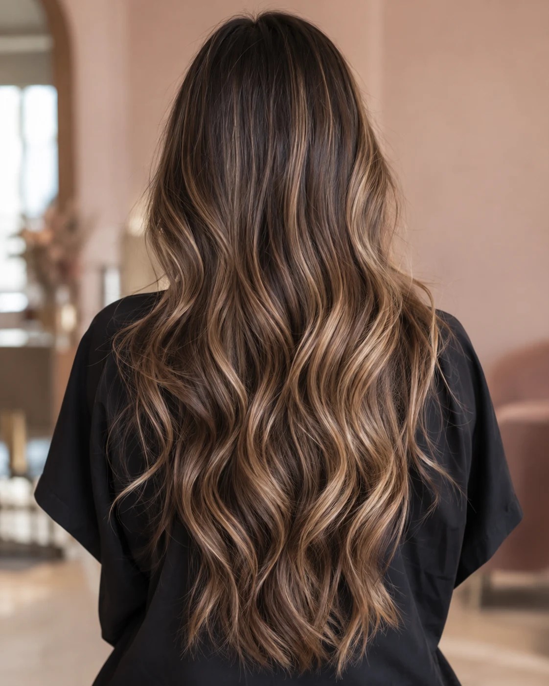 Long brunette hair with softly blended caramel highlights and loose waves