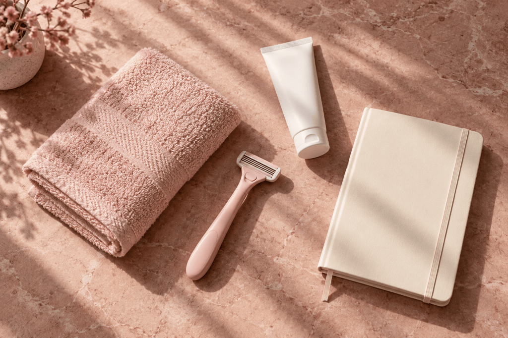 Pink razor, folded towel, skincare tube and consultation notebook on a rose surface