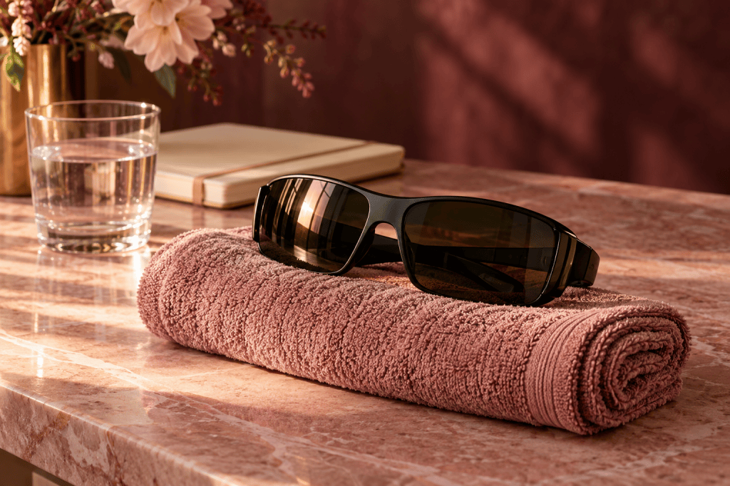 Dark protective eyewear on a rose towel beside a consultation notebook